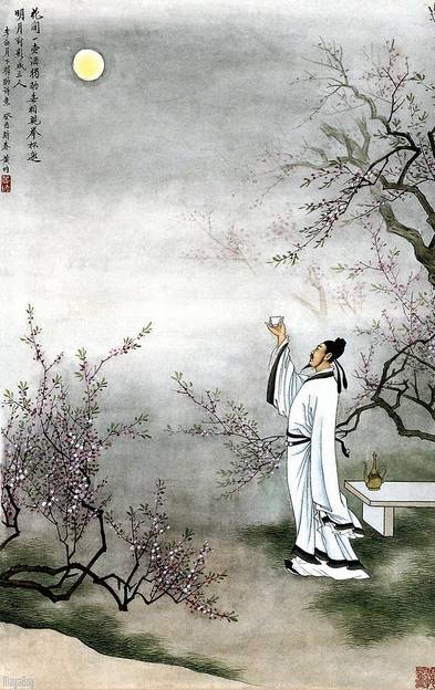 背景是花间,道具是一壶酒,登场角色只是他自己一个人,动作是独酌,加上